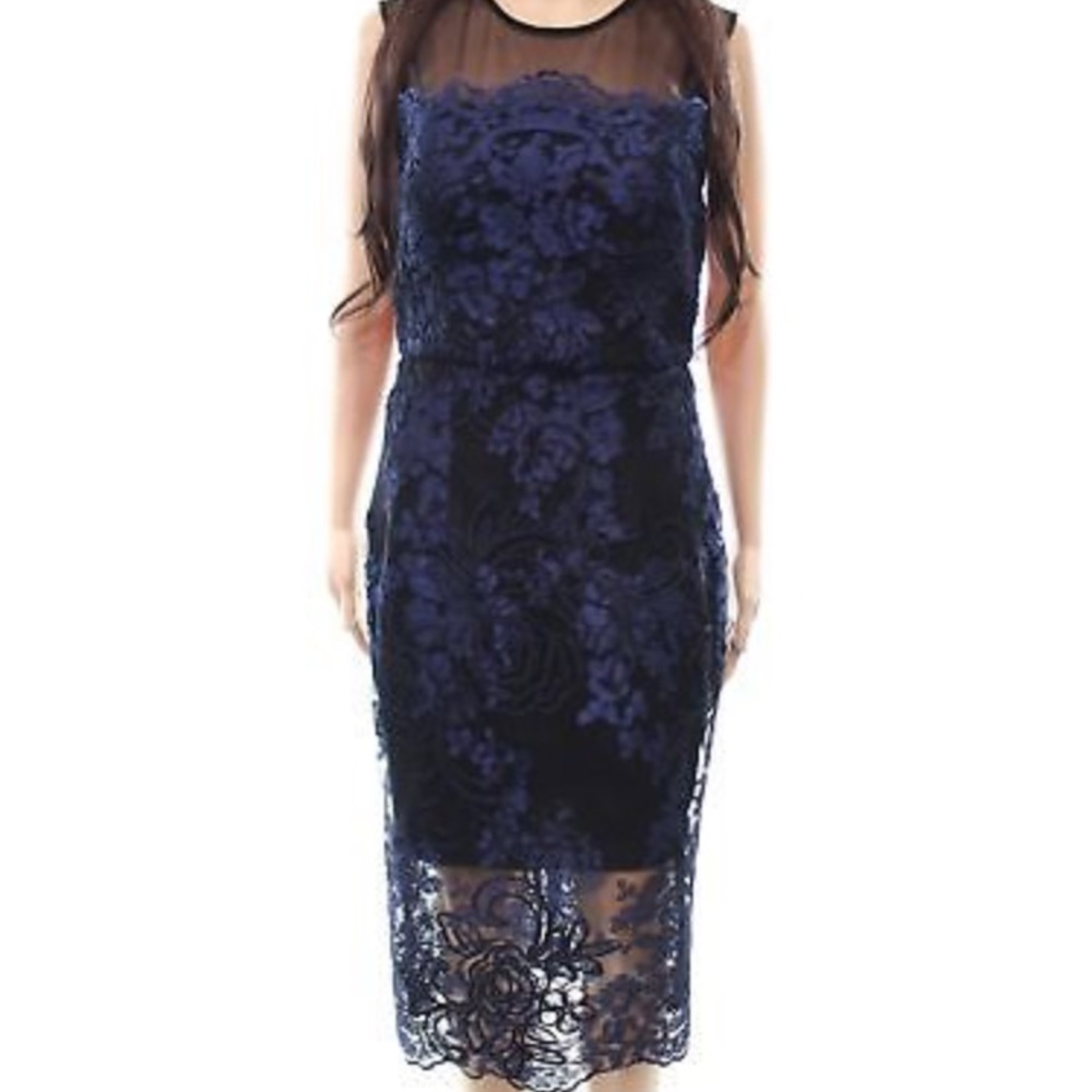 Xscape Blue Embroider Illusion Sheath Dress